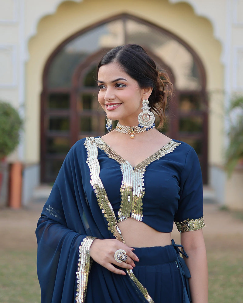 Georgette Sequence Embroidery Rama Lehenga Choli