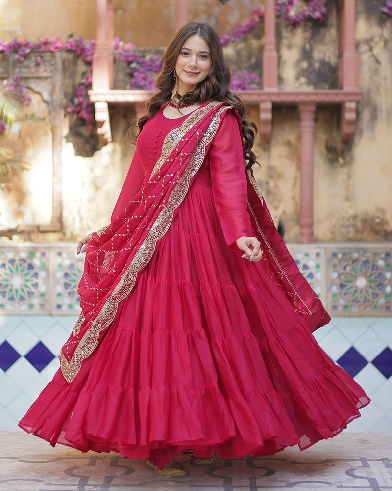 Rani Pink Color Star Georgette Gown With Embroidered Dupatta Pravra Enterprise Rani Pink Color Star Georgette Gown With Embroidered Dupatta Pravra Enterprise