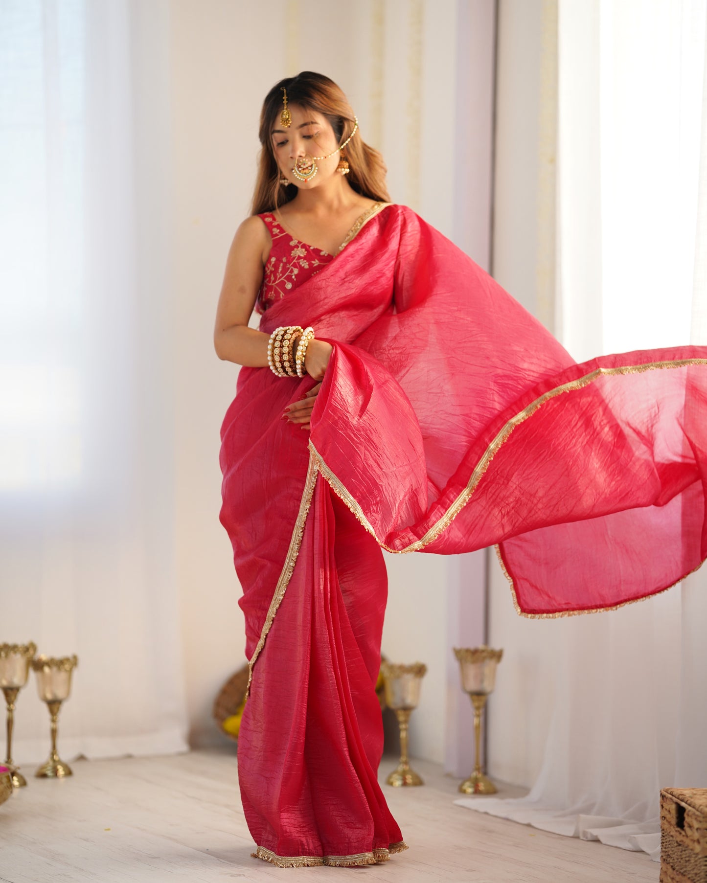 Rani Pink Color Tissue Silk Pre draped Saree