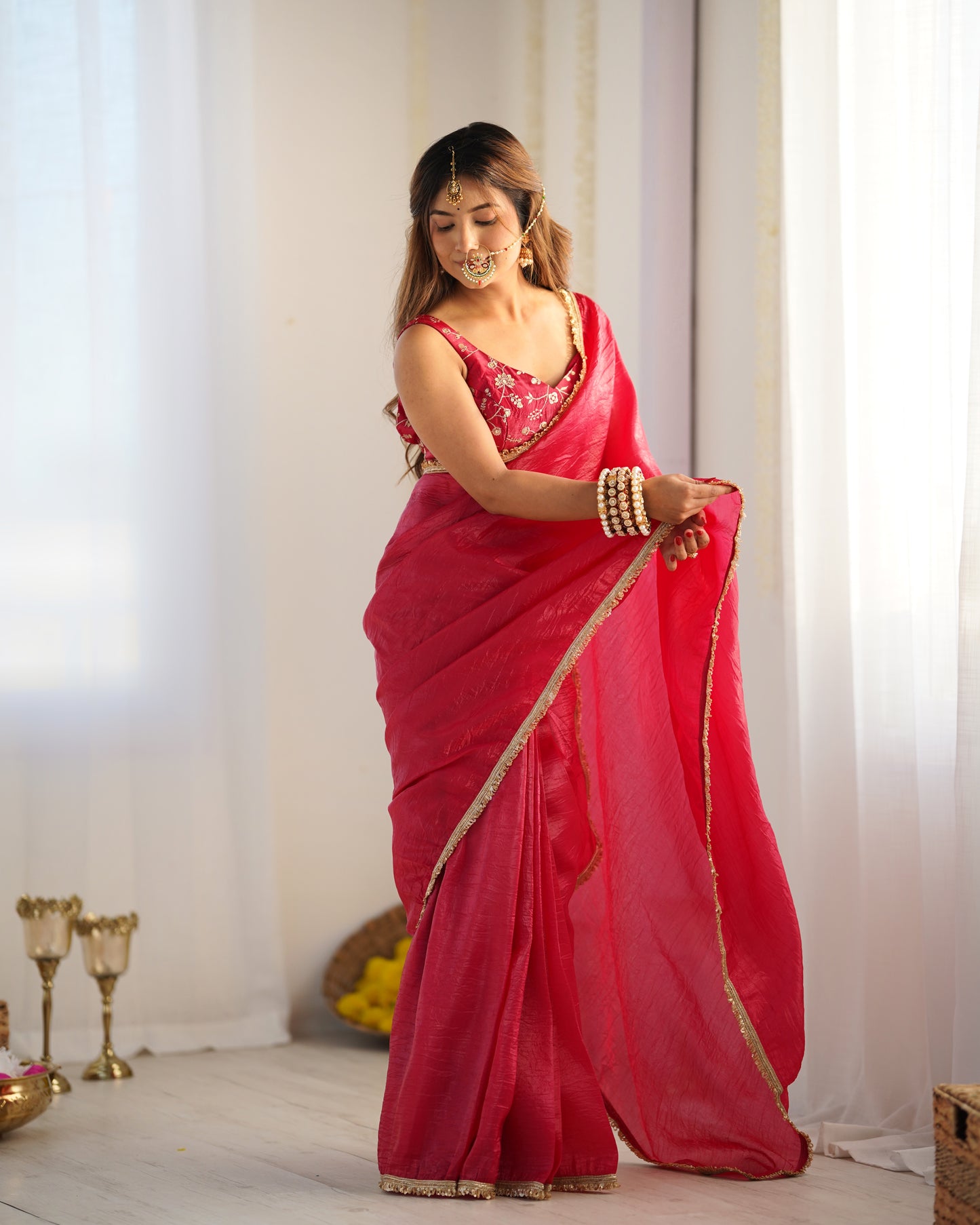 Rani Pink Color Tissue Silk Pre draped Saree