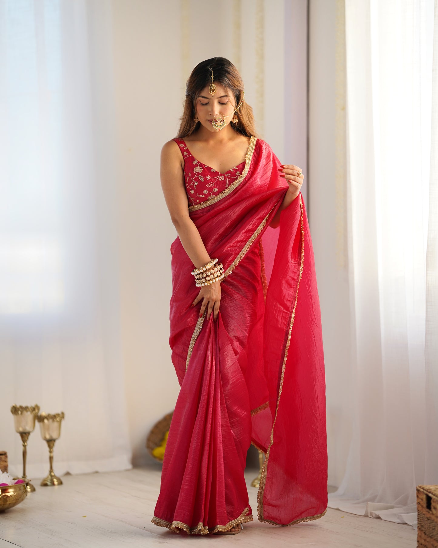 Rani Pink Color Tissue Silk Pre draped Saree