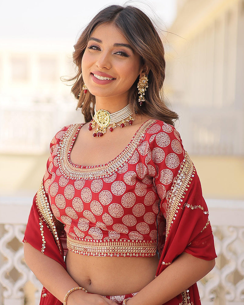 Pure Viscose Jacquard Red Lehenga Choli