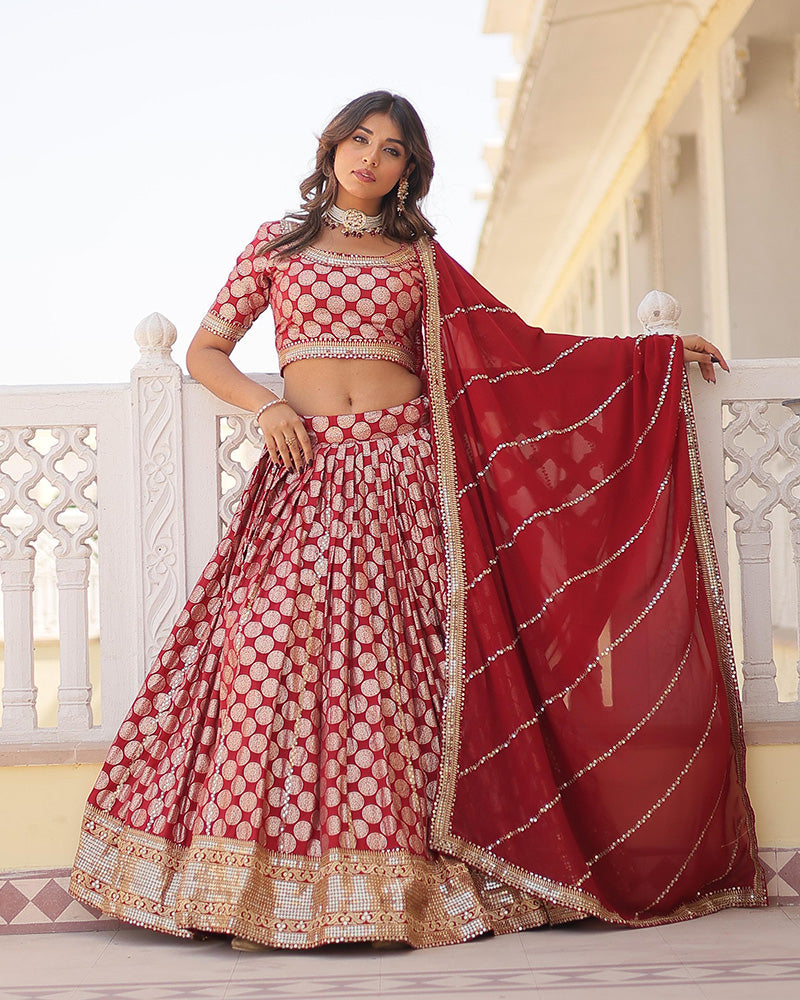 Pure Viscose Jacquard Red Lehenga Choli
