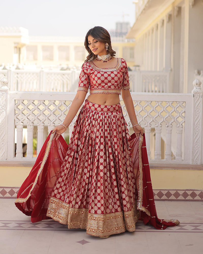 Pure Viscose Jacquard Red Lehenga Choli