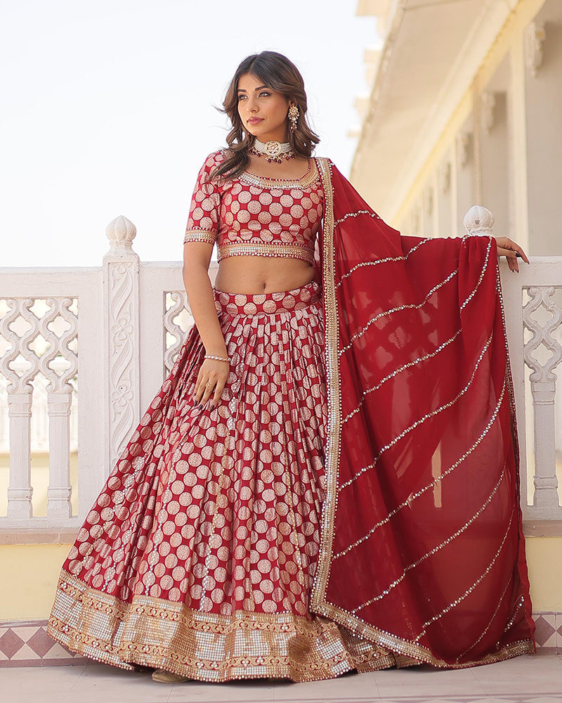Pure Viscose Jacquard Red Lehenga Choli