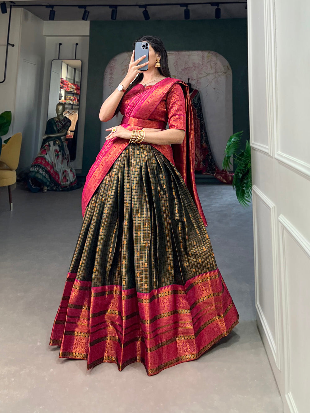 Green Color Zari Weaving Work Jacquard Silk Lehenga Choli