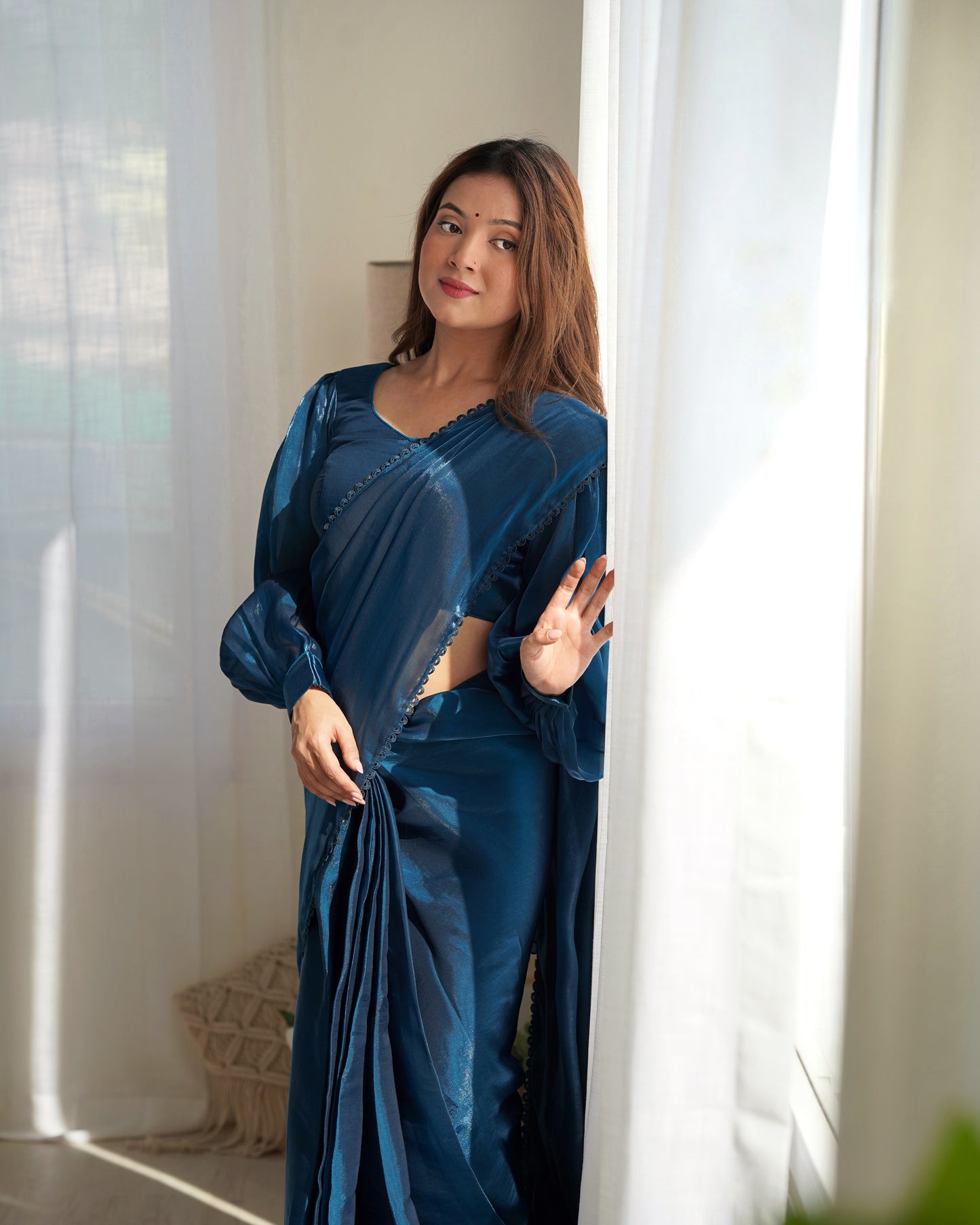Teal Blue Color Jimmy Choo Pre Draped Saree