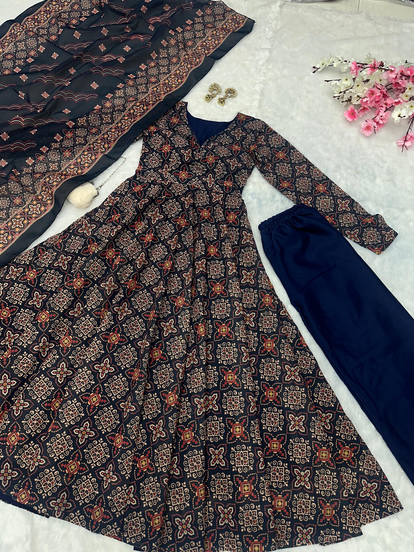 Wedding Wear Black Color Pure Soft Cotton Printed Anarkali Palazzo Suit Set