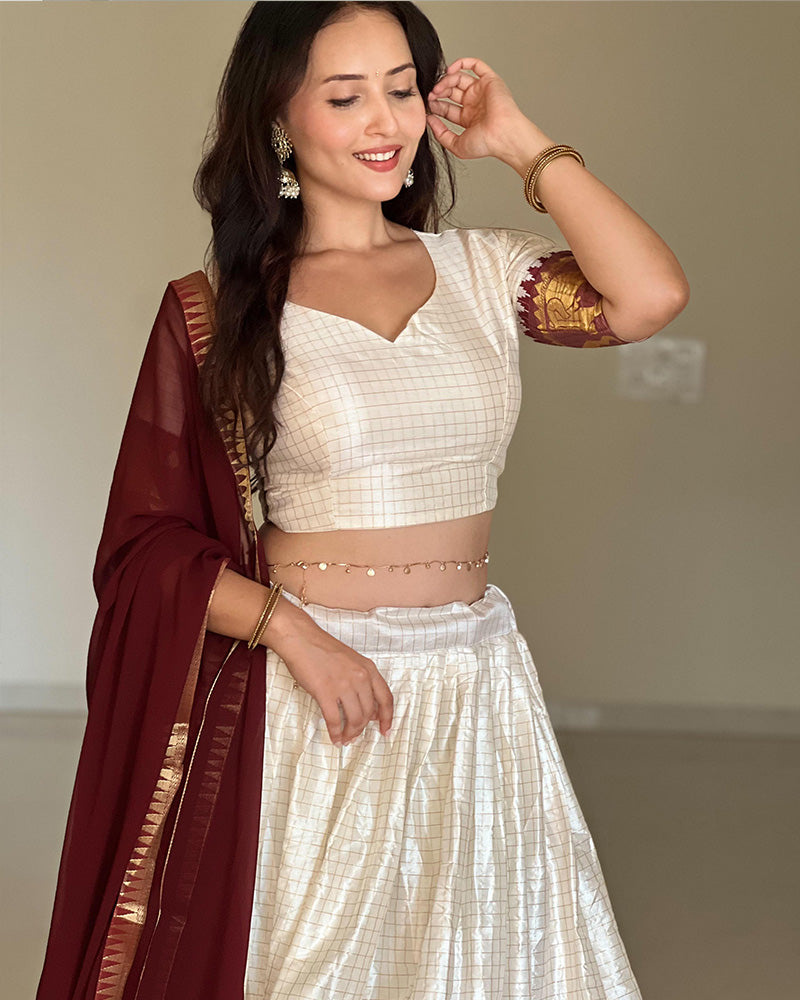 Poly Cotton Chex Navratri White And Maroon South Indian Half Saree Lehenga Choli
