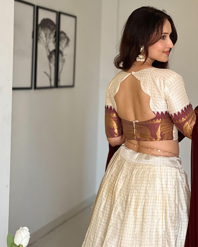 Poly Cotton Chex Navratri White And Maroon South Indian Half Saree Lehenga Choli