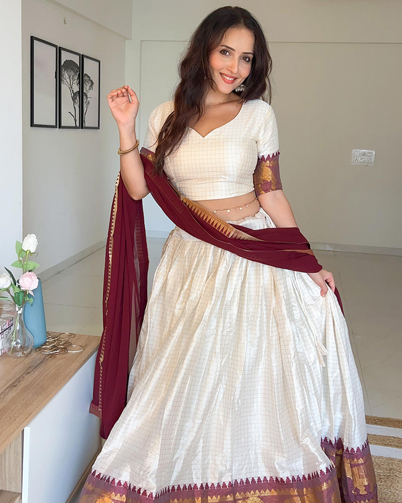 Poly Cotton Chex Navratri White And Maroon South Indian Half Saree Lehenga Choli