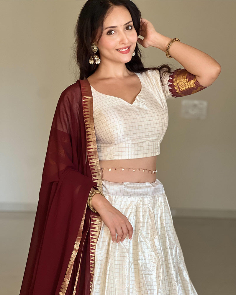 Poly Cotton Chex Navratri White And Maroon South Indian Half Saree Lehenga Choli