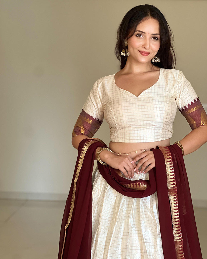 Poly Cotton Chex Navratri White And Maroon South Indian Half Saree Lehenga Choli