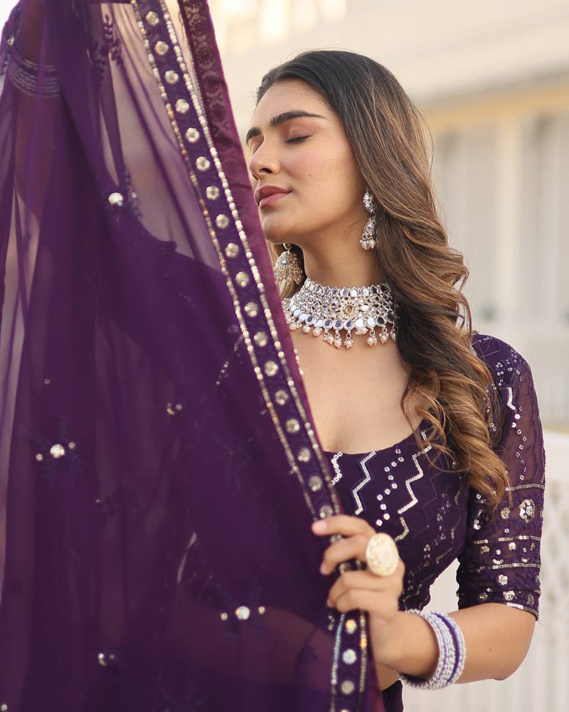 Blooming Soft Georgette Heavy Embroidery Threaded Semi Stitched Wine Lehenga Choli