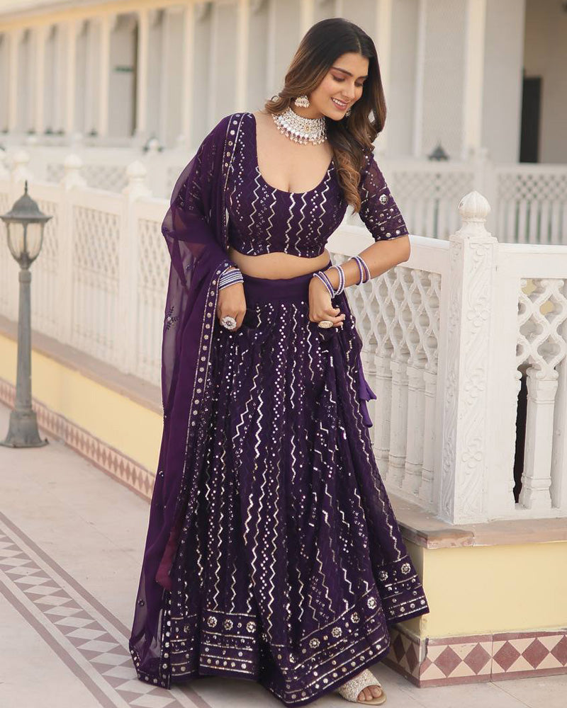 Blooming Soft Georgette Heavy Embroidery Threaded Semi Stitched Wine Lehenga Choli