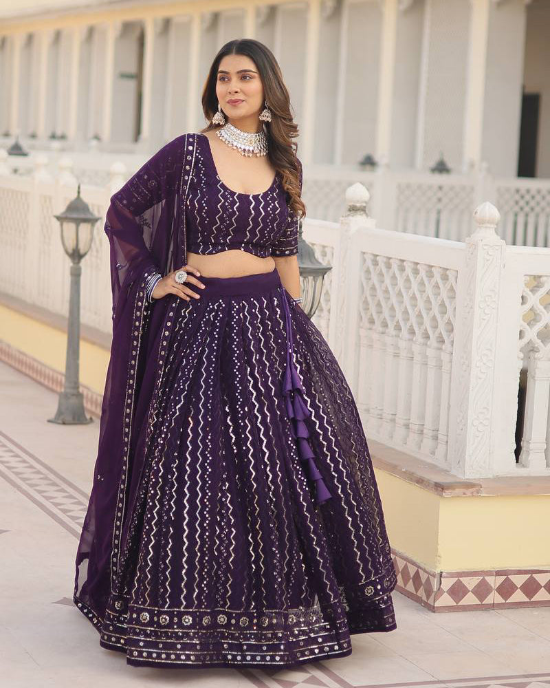 Blooming Soft Georgette Heavy Embroidery Threaded Semi Stitched Wine Lehenga Choli