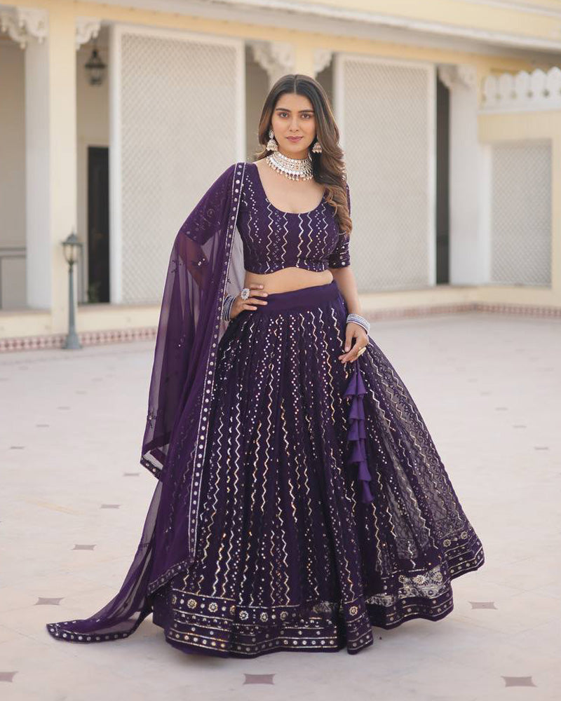 Blooming Soft Georgette Heavy Embroidery Threaded Semi Stitched Wine Lehenga Choli