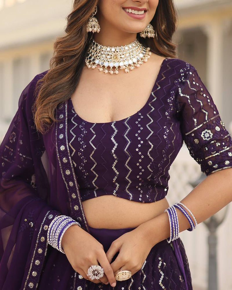 Blooming Soft Georgette Heavy Embroidery Threaded Semi Stitched Wine Lehenga Choli
