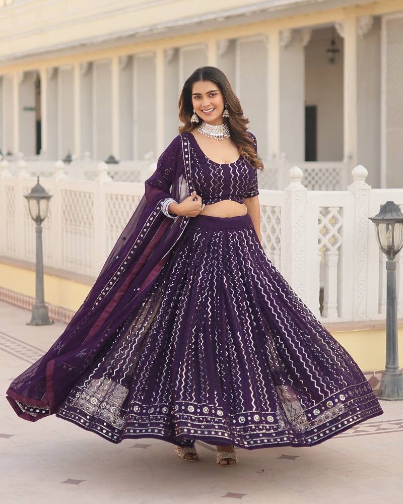 Blooming Soft Georgette Heavy Embroidery Threaded Semi Stitched Wine Lehenga Choli