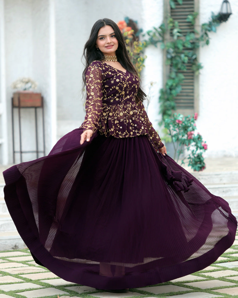 Designer Sequins Embroidery Ready To Wear Wine Lehenga Choli