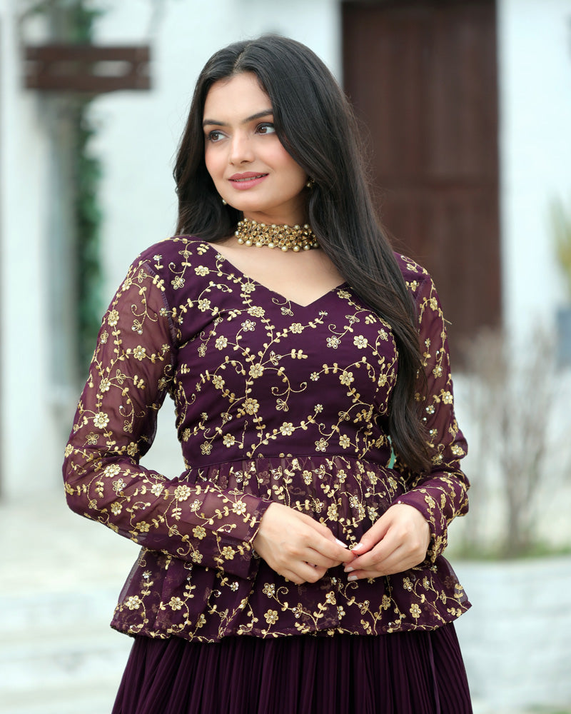 Designer Sequins Embroidery Ready To Wear Wine Lehenga Choli