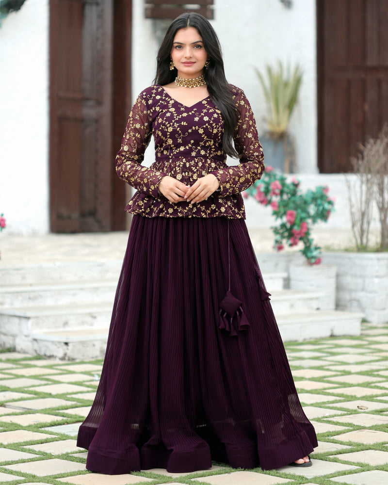 Designer Sequins Embroidery Ready To Wear Wine Lehenga Choli