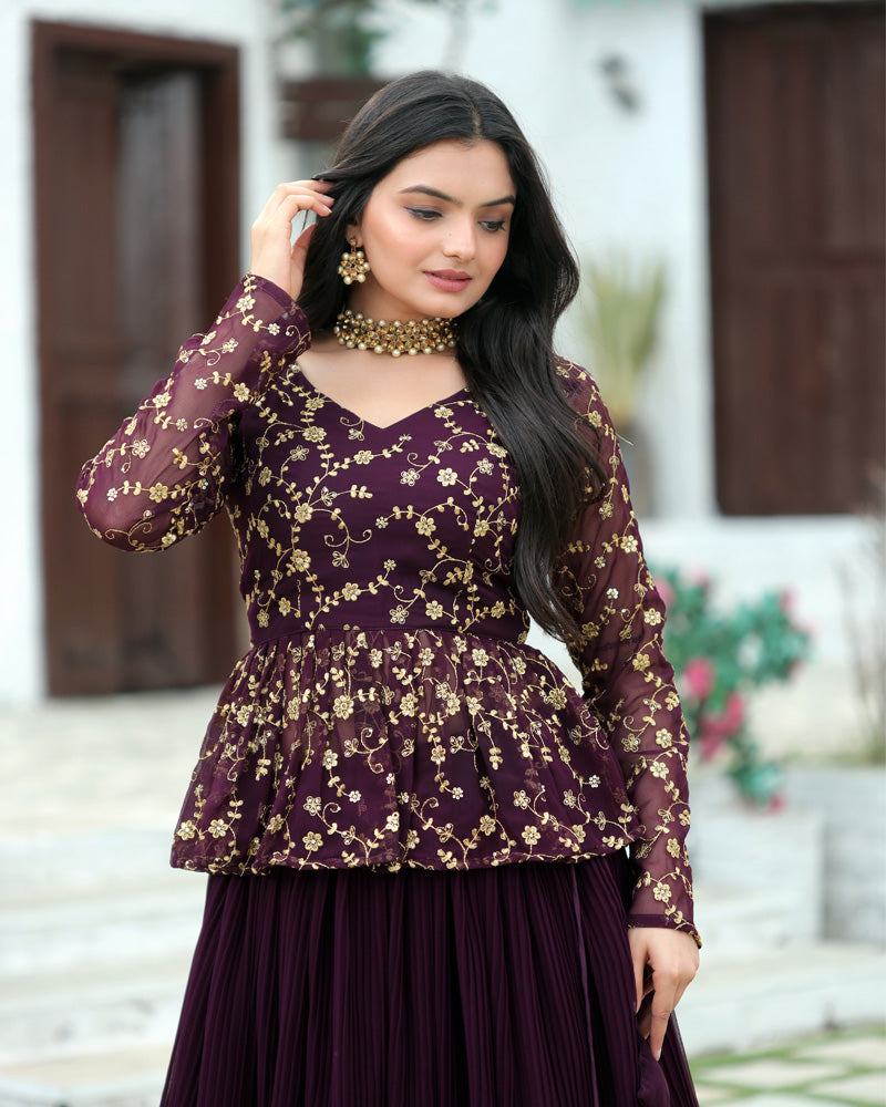 Designer Sequins Embroidery Ready To Wear Wine Lehenga Choli