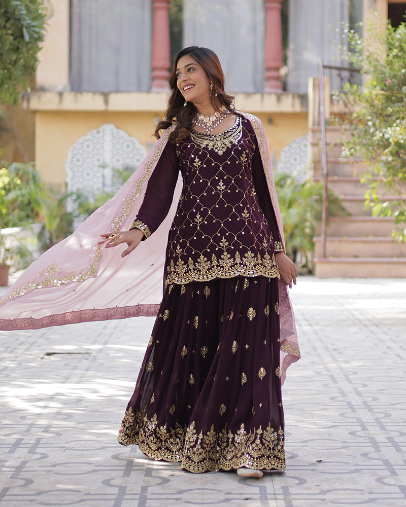 Wine Color Faux Blooming Embroidered Palazzo Suit