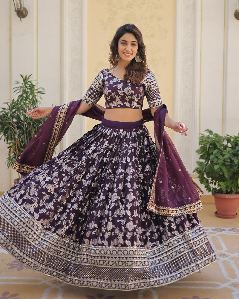 Pure Viscose Jacquard Wine Lehenga Choli