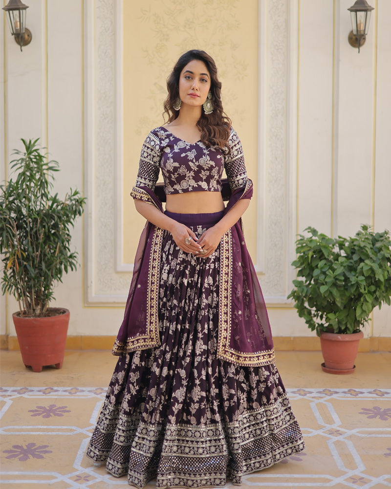 Pure Viscose Jacquard Wine Lehenga Choli