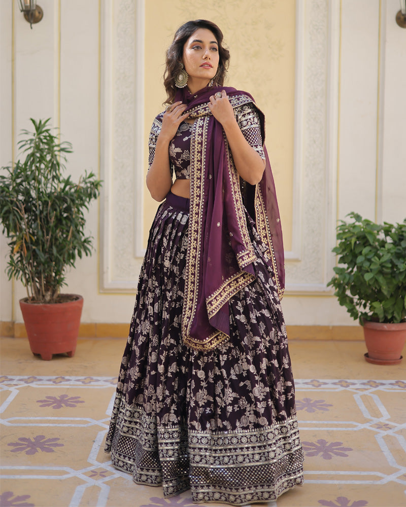 Pure Viscose Jacquard Wine Lehenga Choli
