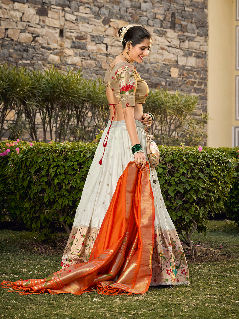White Color Jacquard Silk Paithani Weaving Zari Work Maharashtra Wear Lehenga Choli