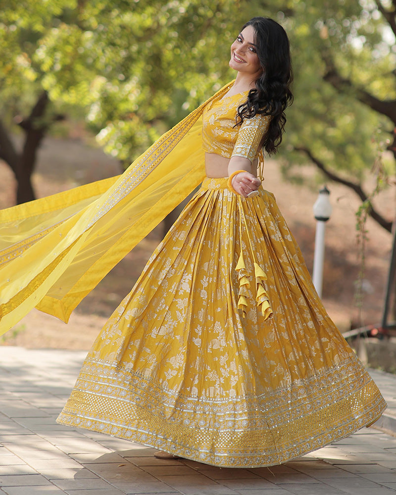 Pure Viscose Yellow Jacquard Lehenga Choli