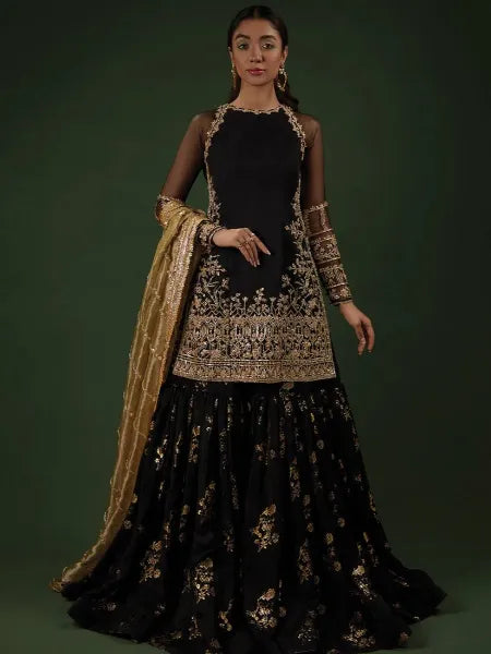 Pakistani Wedding Sharara Suit With Beautiful Embroidery Work and Dupatta