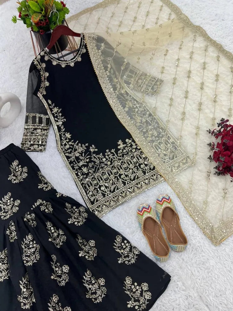 Pakistani Wedding Sharara Suit With Beautiful Embroidery Work and Dupatta