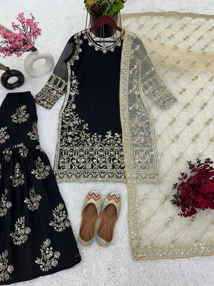 Pakistani Wedding Sharara Suit With Beautiful Embroidery Work and Dupatta