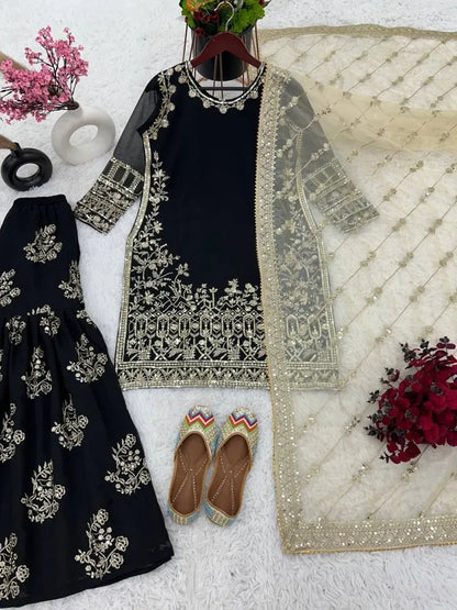 Pakistani Wedding Sharara Suit With Beautiful Embroidery Work and Dupatta