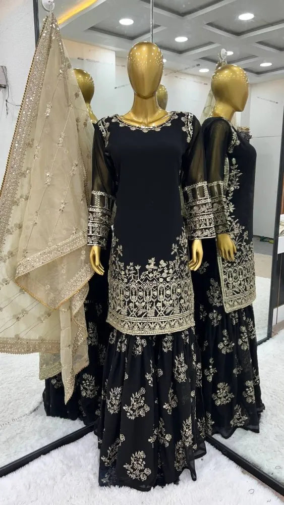 Pakistani Wedding Sharara Suit With Beautiful Embroidery Work and Dupatta