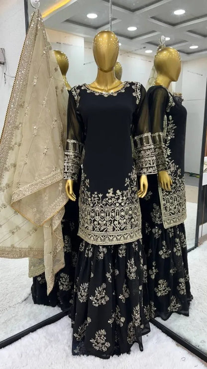 Pakistani Wedding Sharara Suit With Beautiful Embroidery Work and Dupatta