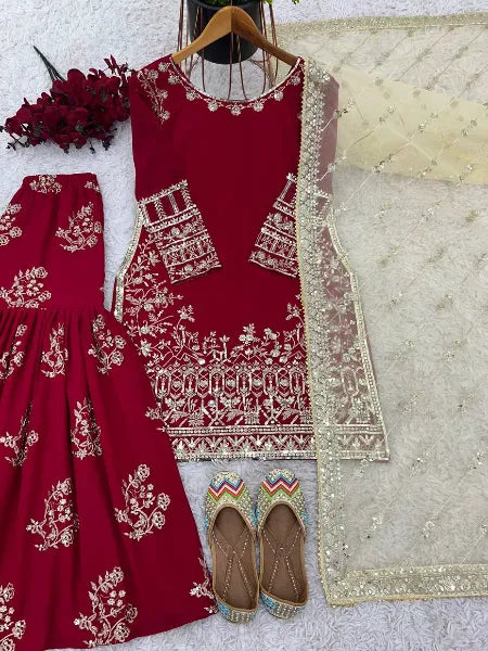 Pink Pakistani Wedding Sharara Suit With Beautiful Embroidery Work and Dupatta