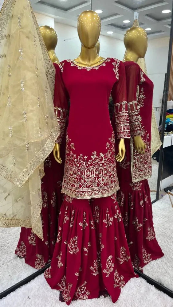 Pink Pakistani Wedding Sharara Suit With Beautiful Embroidery Work and Dupatta