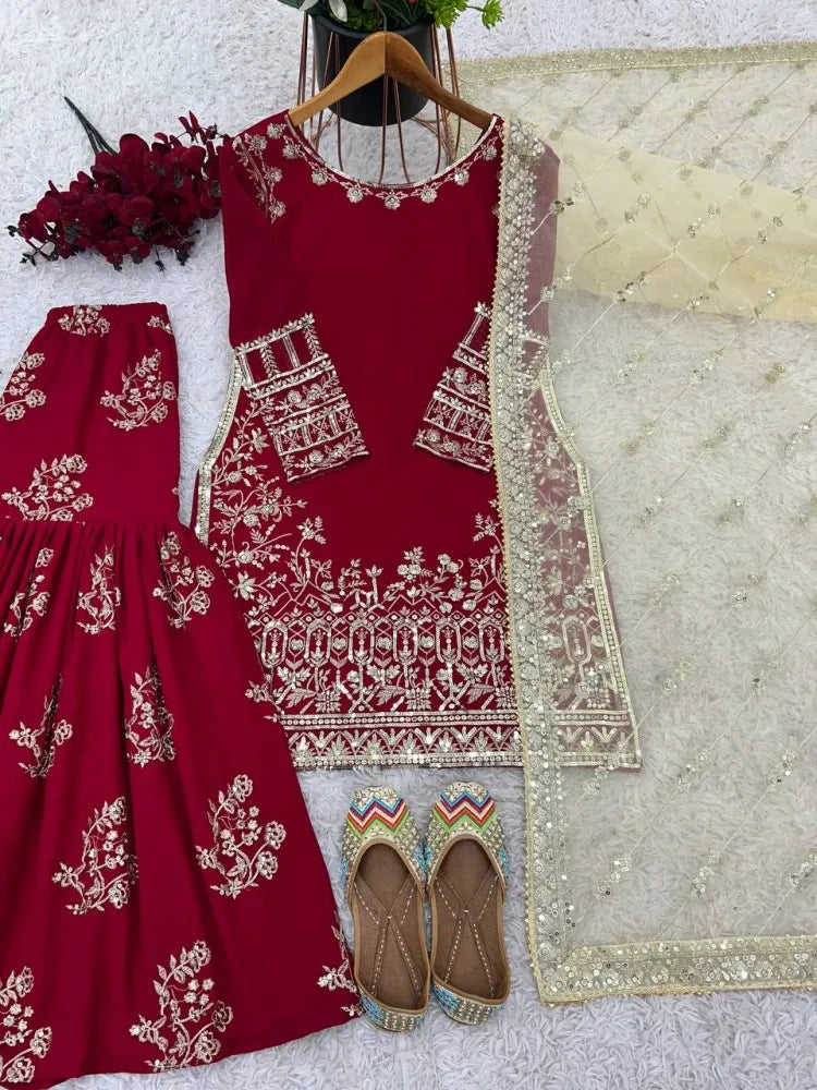 Pink Pakistani Wedding Sharara Suit With Beautiful Embroidery Work and Dupatta