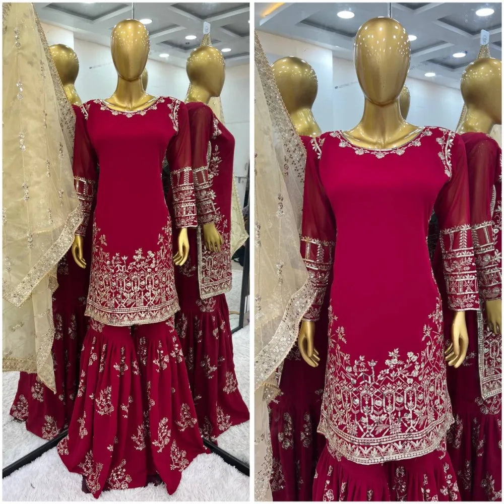 Pink Pakistani Wedding Sharara Suit With Beautiful Embroidery Work and Dupatta