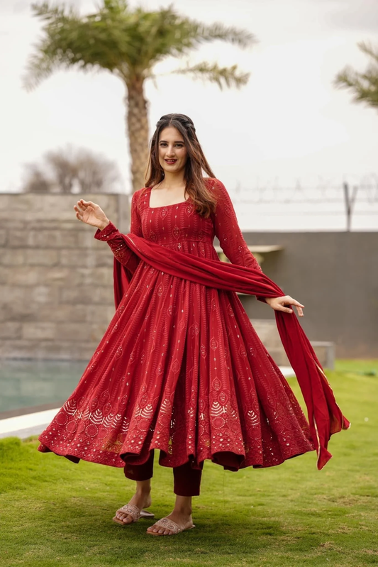 SANAYA'S' RED EMBROIDERED GEORGETTE SUIT SET LF