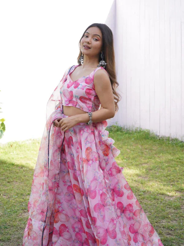 Alluring Pink Color Digital Printed jimmy organza silk Lehenga Choli