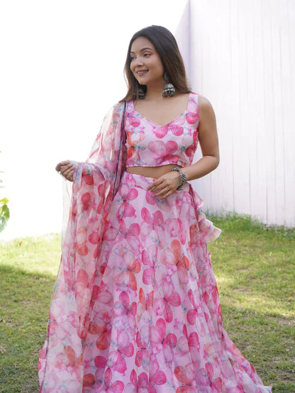 Alluring Pink Color Digital Printed jimmy organza silk Lehenga Choli