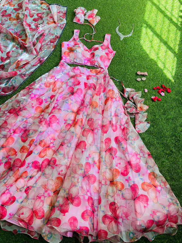 Alluring Pink Color Digital Printed jimmy organza silk Lehenga Choli