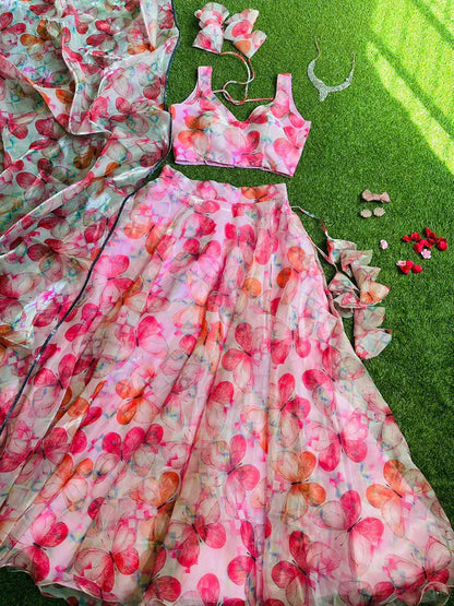 Alluring Pink Color Digital Printed jimmy organza silk Lehenga Choli