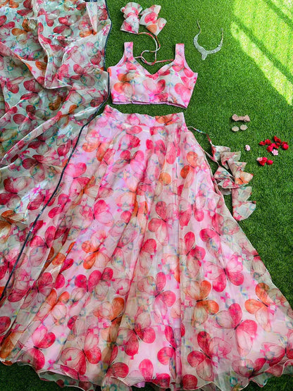 Alluring Pink Color Digital Printed jimmy organza silk Lehenga Choli