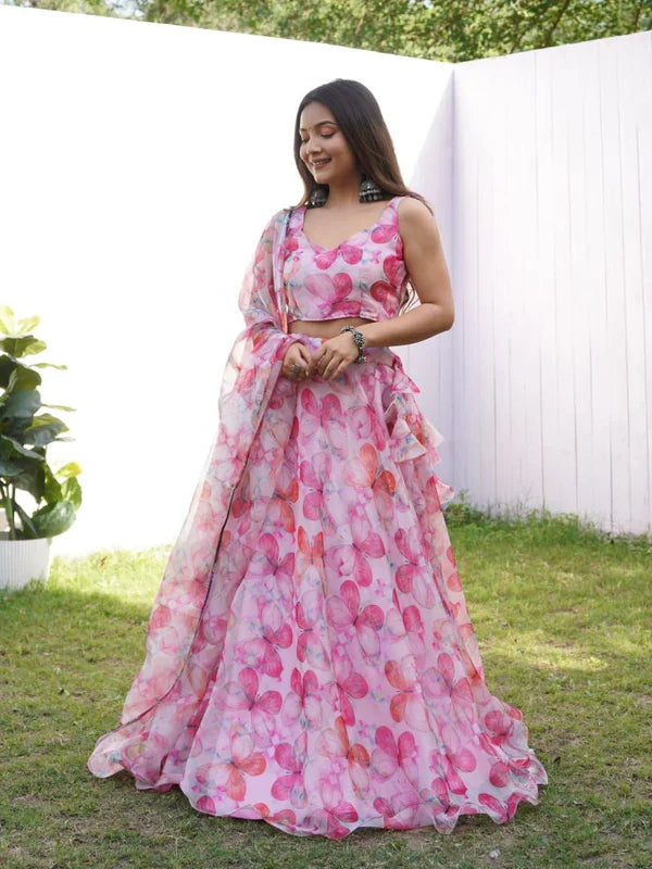 Alluring Pink Color Digital Printed jimmy organza silk Lehenga Choli